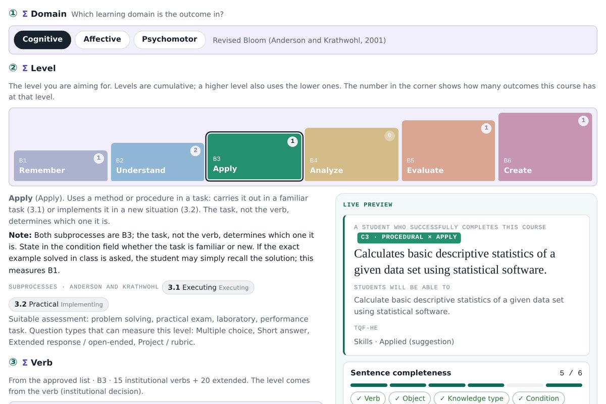 Bloom builder: domain, level and approved verb selection; live preview and sentence completeness