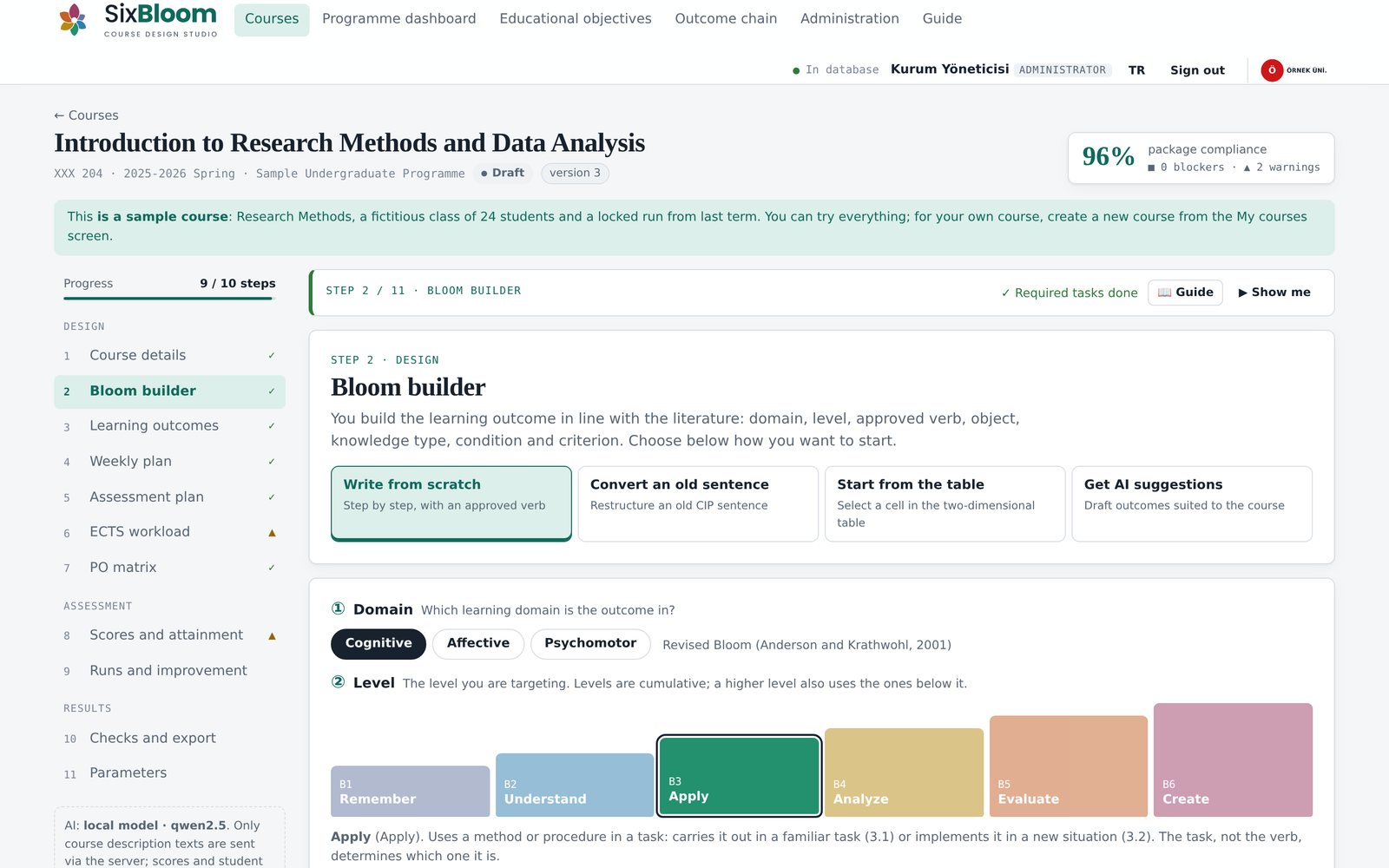 Bloom builder screen: choosing the domain, level and approved verb