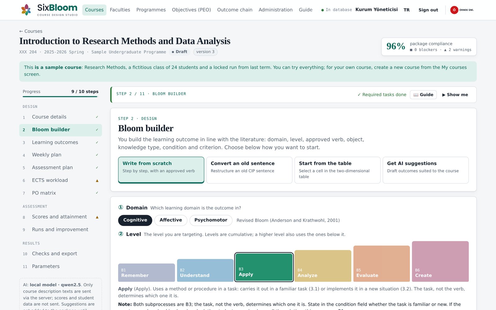 Bloom builder screen: choosing the domain, level and approved verb