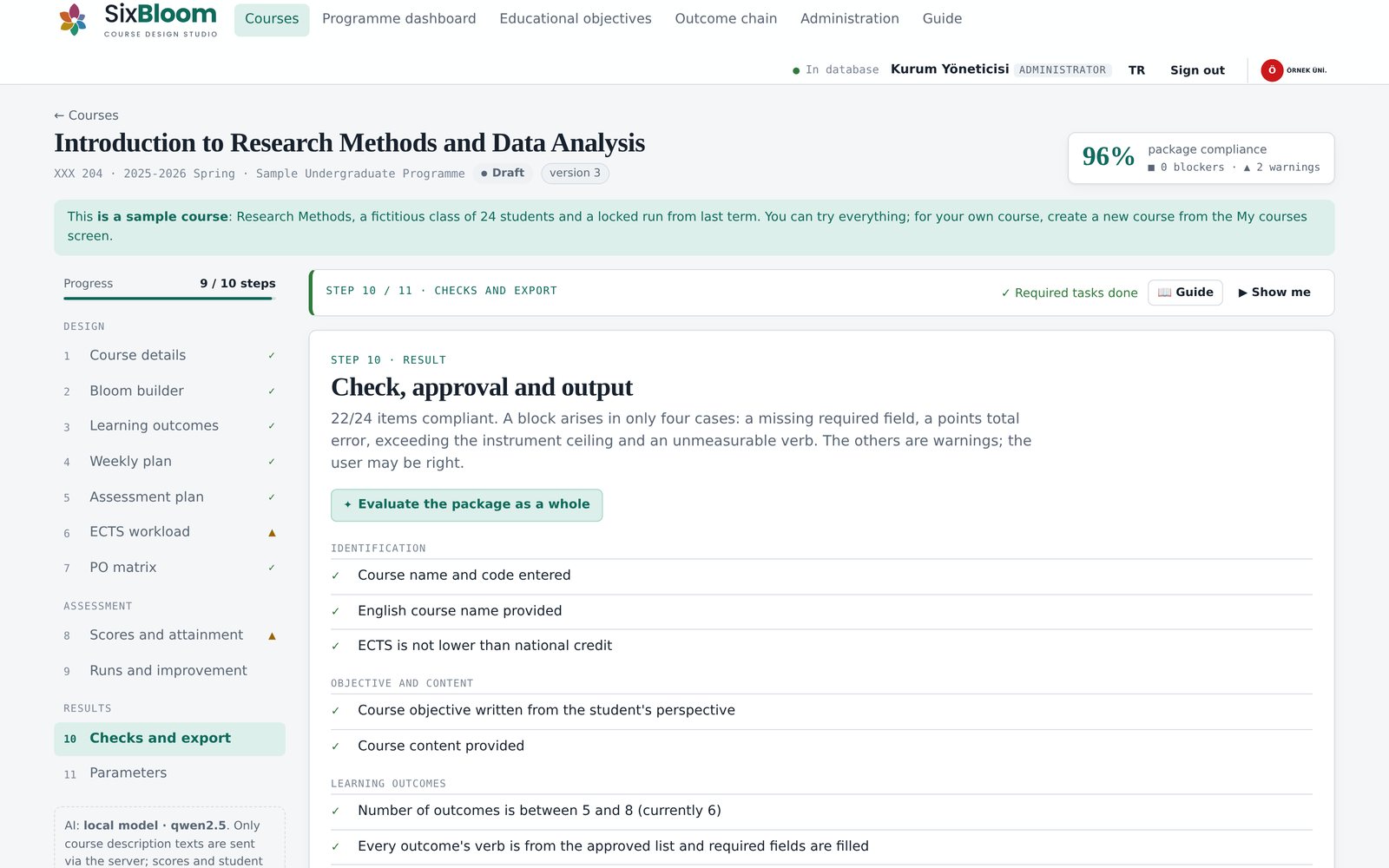 Check, approval and export screen
