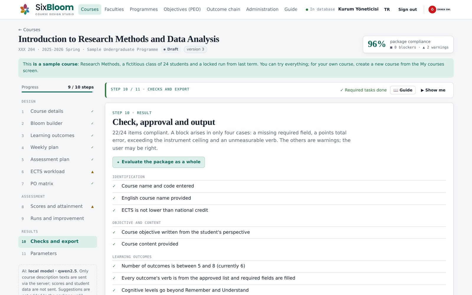 Check, approval and export screen