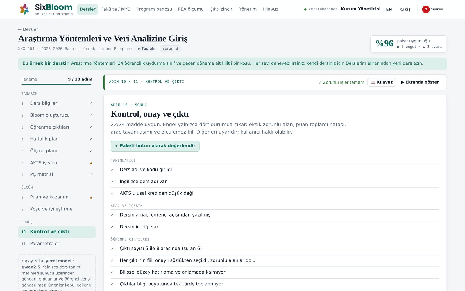 Kontrol, onay ve çıktı ekranı