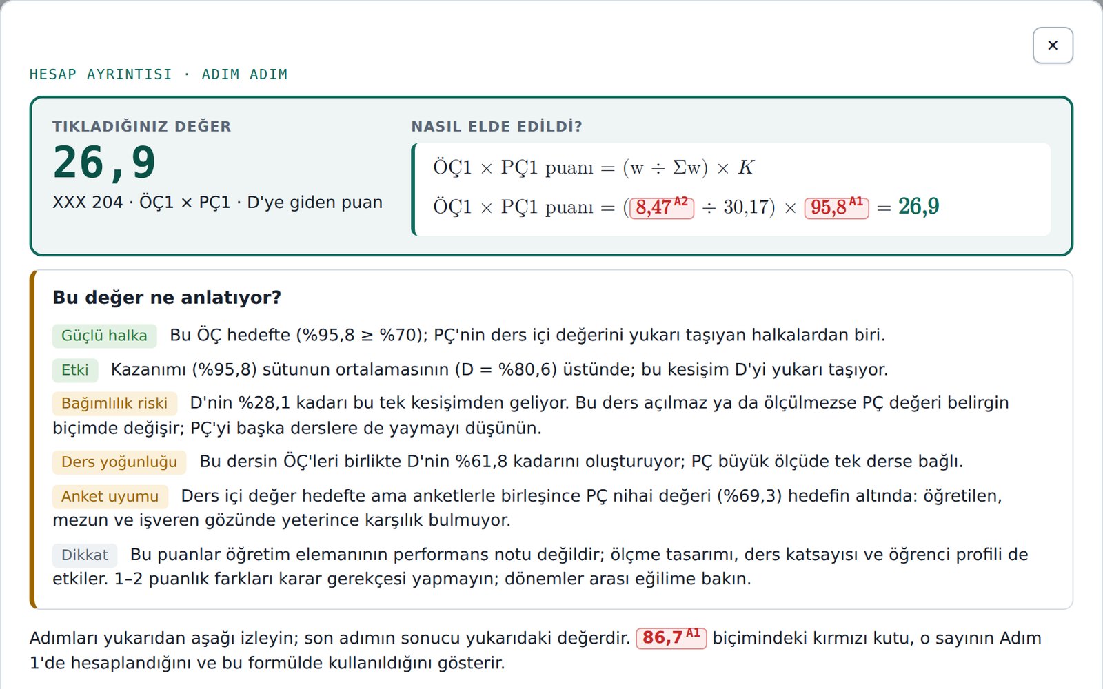 Hesap ayrıntısı penceresi: tıklanan değerin hangi sayılardan, hangi adımlarla elde edildiği